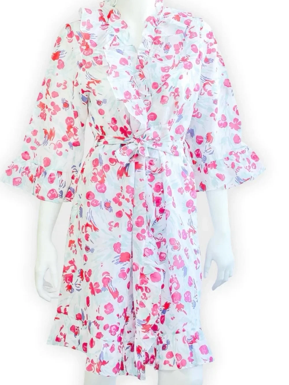 D Porthault Floral Ruffle Wrap Robe in White and Pink S